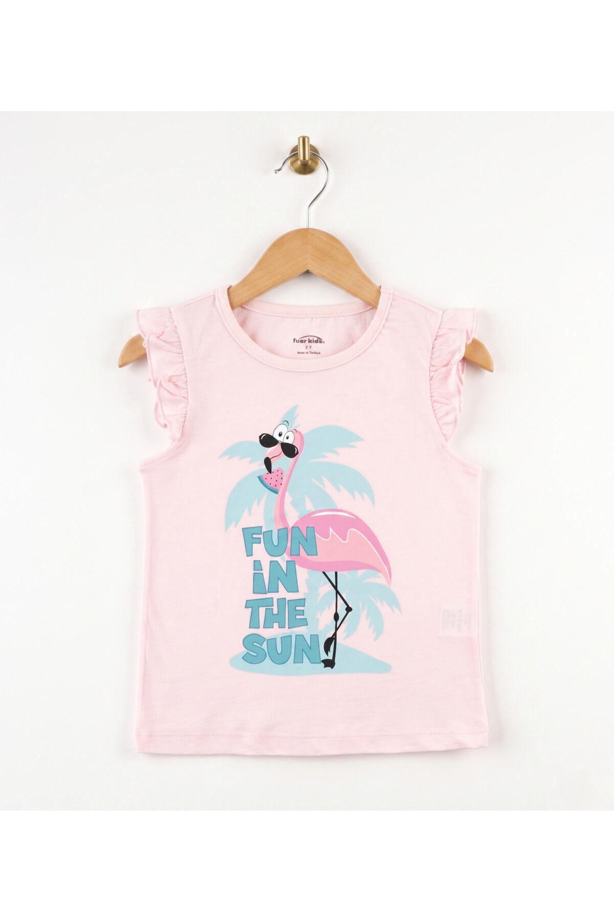 Kız Çocuk %100 Pamuklu Bisiklet Yaka Fırfır Kollu Tişört 2-6 Yaş Pembe Flamingo Desenli - 6 Yaş