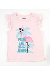 Kız Çocuk %100 Pamuklu Bisiklet Yaka Fırfır Kollu Tişört 2-6 Yaş Pembe Flamingo Desenli - 5 Yaş