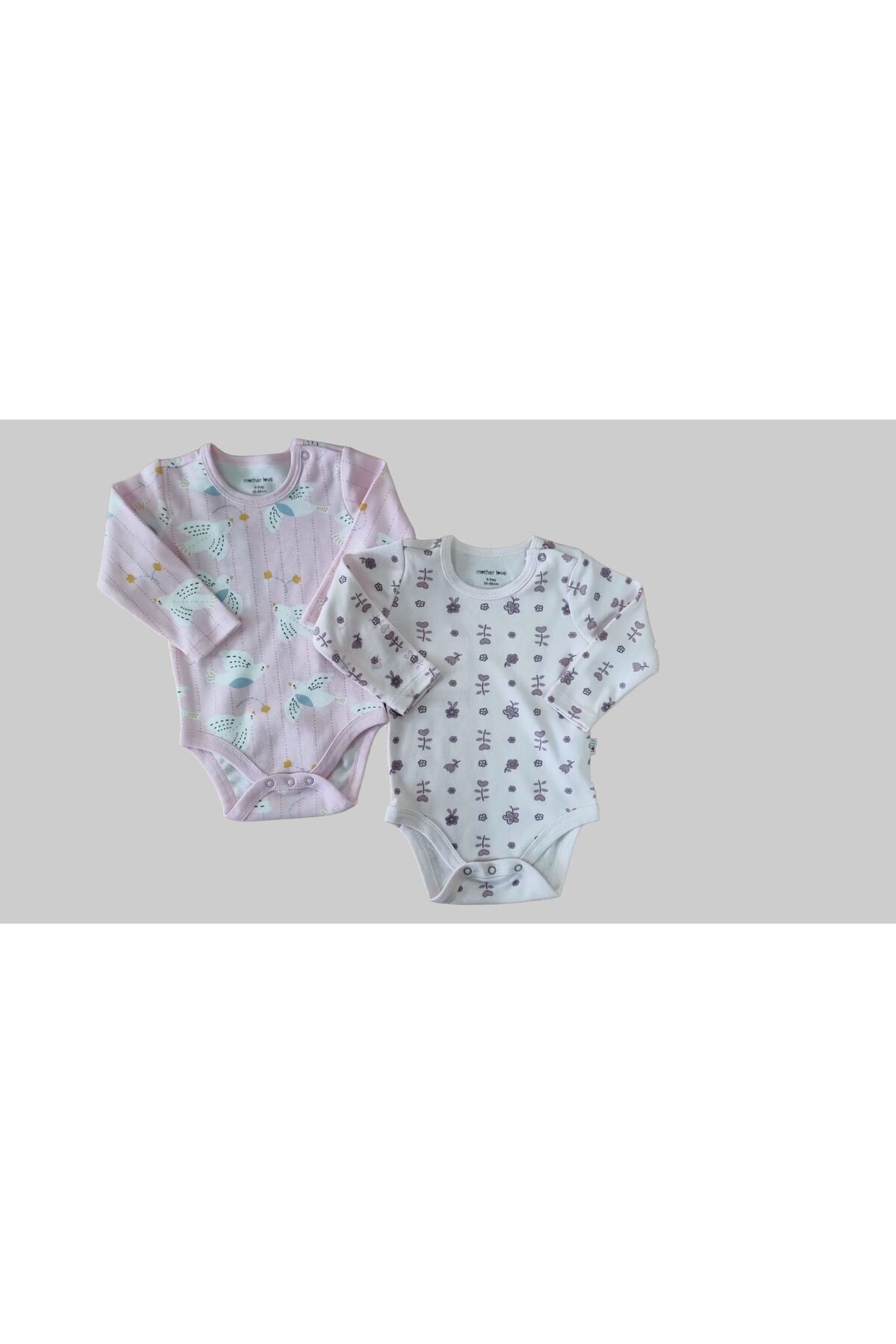 %100 Organik 2'li Uzun Kol Bebek Body Pembe(Kuş)-Beyaz(Çiçek)Desenli - 9 - 12 Ay