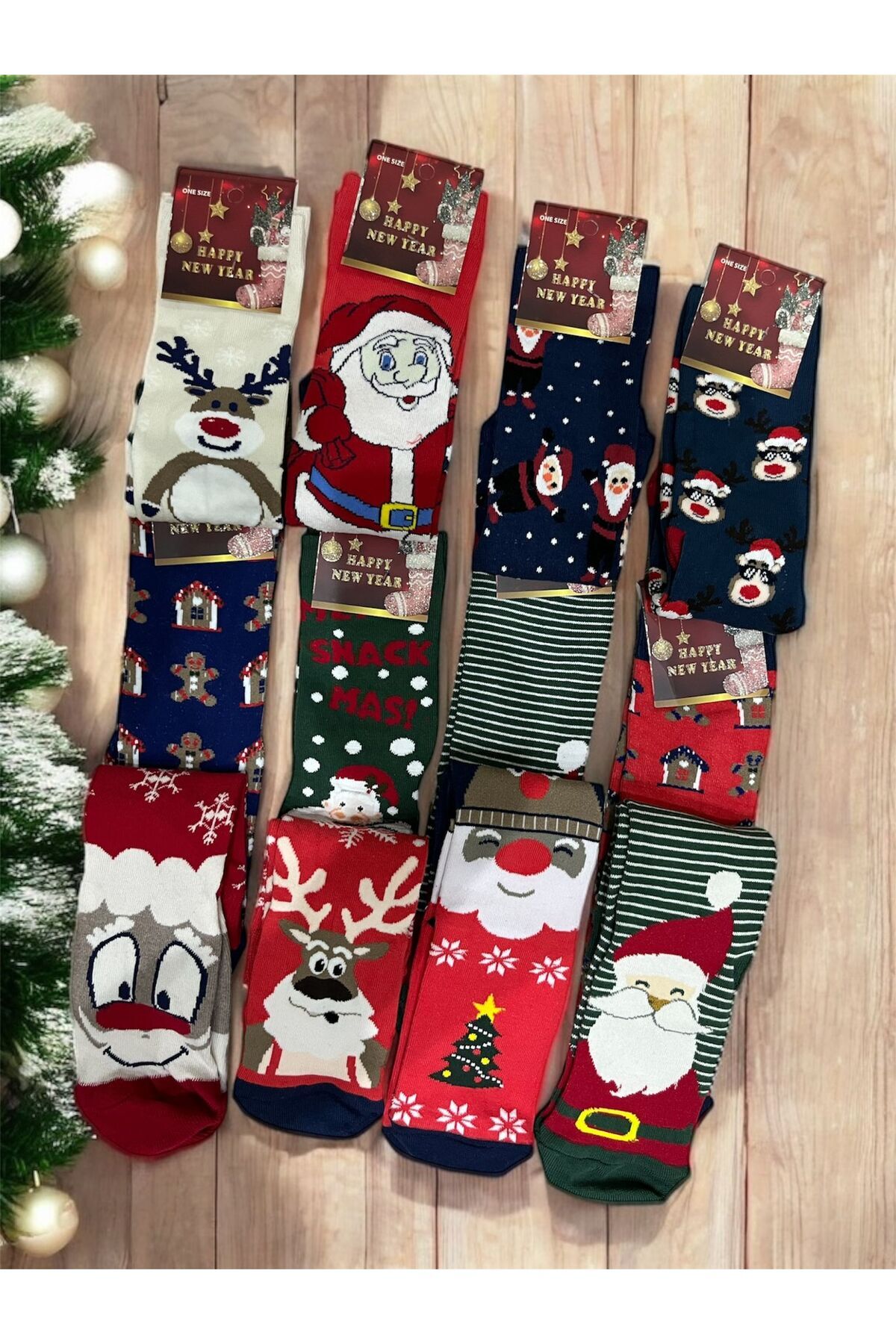 12'li Yılbaşı Temalı Unisex Pamuklu Çorap Seti - One Size (Standart Beden) 36-44