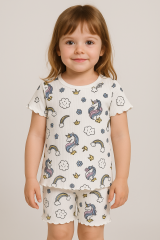 Unicorn Desenli %100 Pamuk Kaşkorse Kız Çocuk Şortlu Takım  (2-6 Yaş)