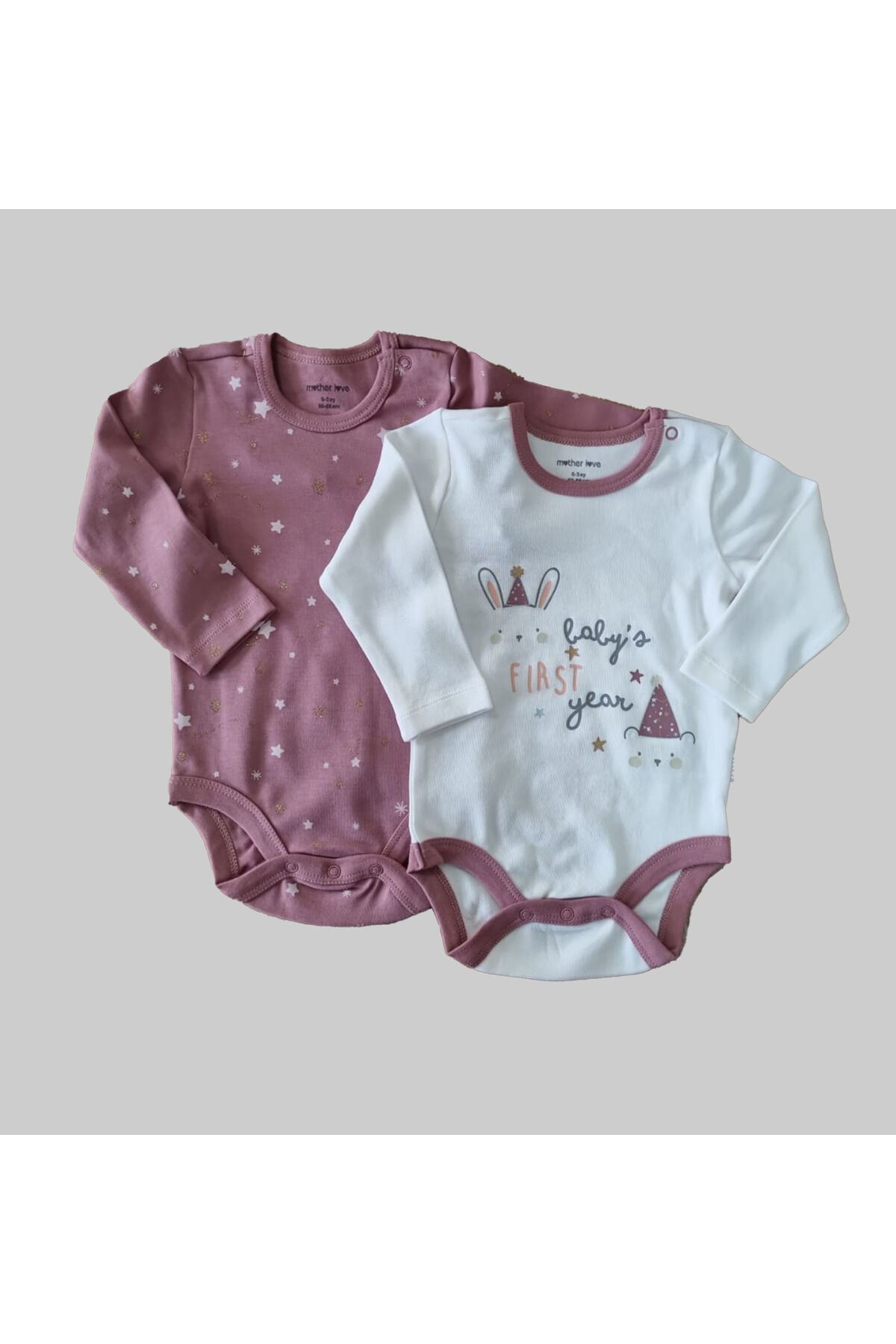 %100 Organik 2'li Uzun Kol Bebek Body Pembe-Beyaz - 6-9 Ay