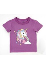 Kız Çocuk %100 Pamuklu Bisiklet Yaka Kısa Kollu Tişört 2-6 Yaş Mor Unicorn Desenli - 6 Yaş