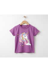 Kız Çocuk %100 Pamuklu Bisiklet Yaka Kısa Kollu Tişört 2-6 Yaş Mor Unicorn Desenli - 6 Yaş