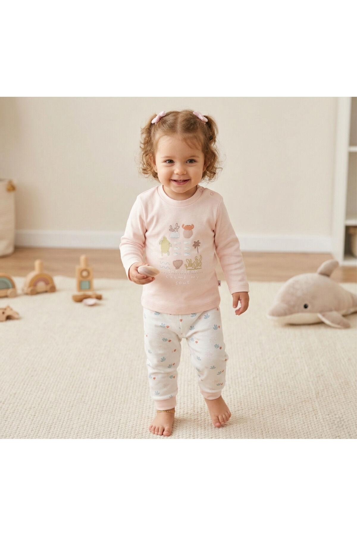 %100 Organik Bebek Pijama Takımı 3 - 36 Ay Toz Pembe - 6-9 Ay