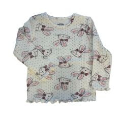 %100 Pamuk Tavşan Desenli Kaşkorse Uzun Kollu Kız Çocuk Tişört – 2-6 Yaş