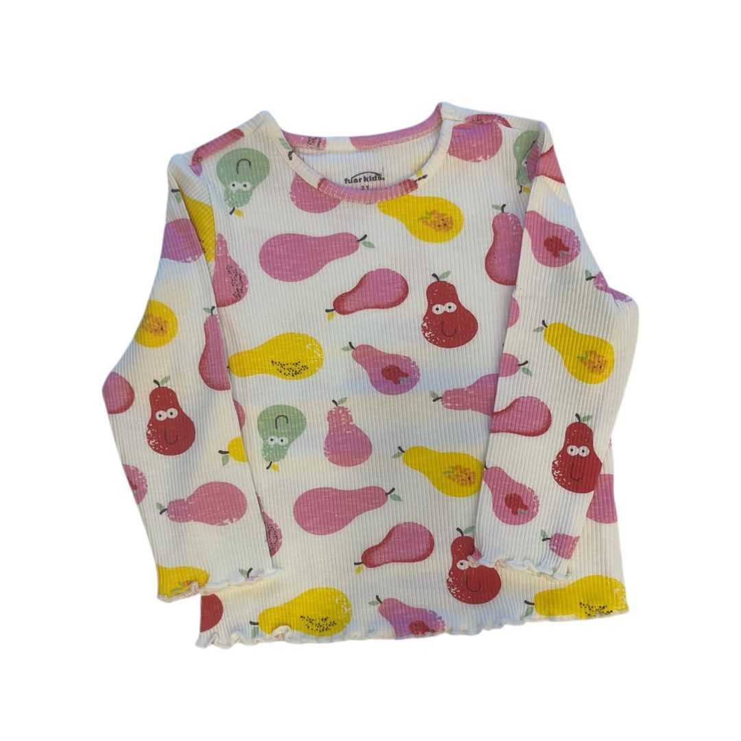 %100 Pamuk Armut Desenli Kaşkorse Uzun Kollu Kız Çocuk Tişört – 2-6 Yaş