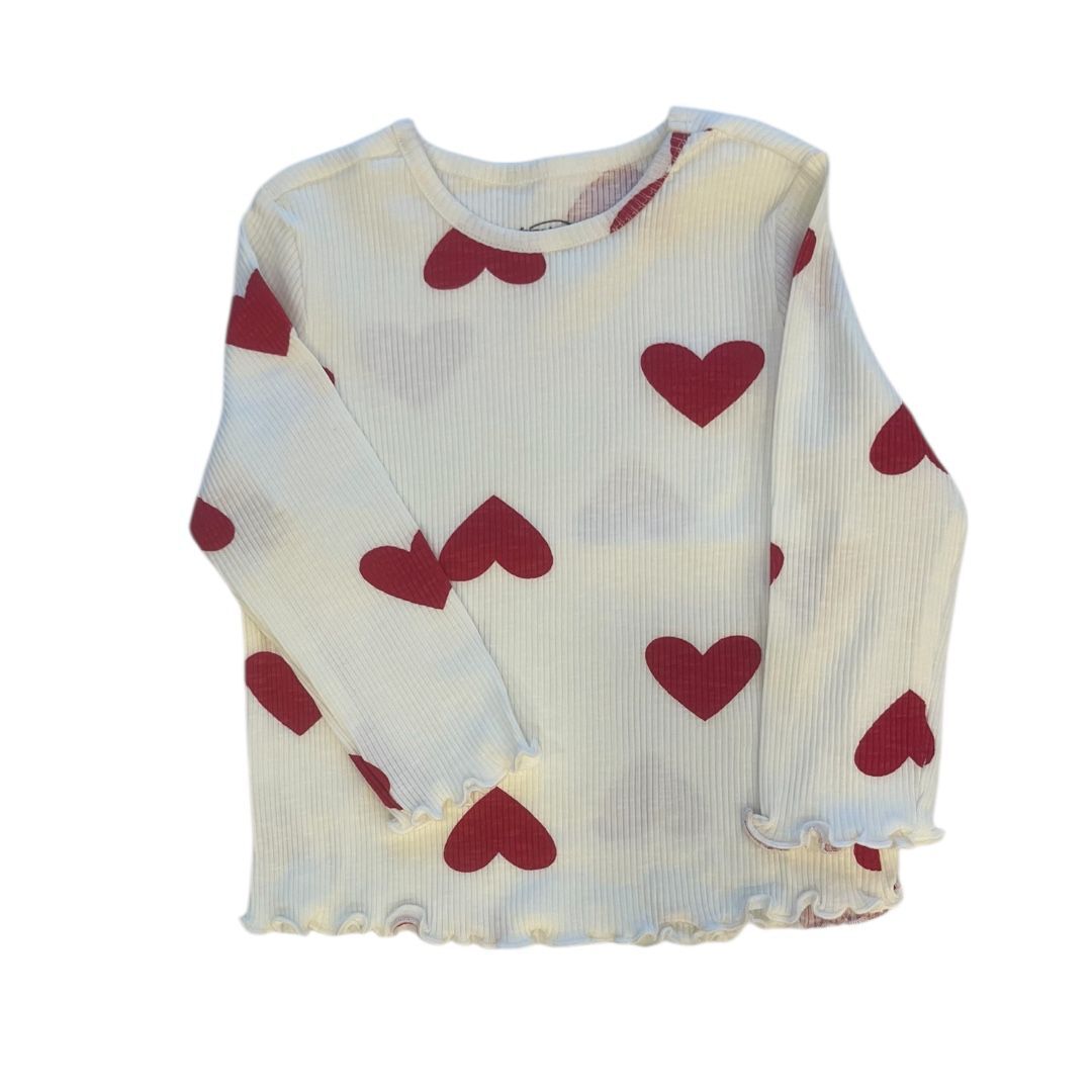 %100 Pamuk Kalp Desenli Kaşkorse Uzun Kollu Kız Çocuk Tişört – 2-6 Yaş