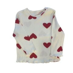 %100 Pamuk Kalp Desenli Kaşkorse Uzun Kollu Kız Çocuk Tişört – 2-6 Yaş