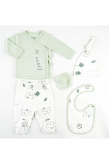 %100 Organik Pamuk 5'li Hastane Çıkışı Yenidoğan Bebek Kıyafeti Seti Yeşil - Yeni Doğan