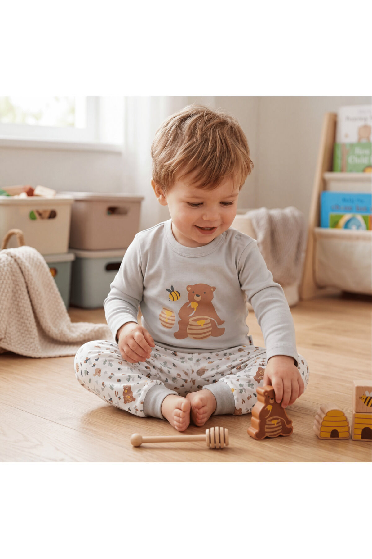 %100 Organik Bebek Pijama Takımı 3 - 36 Ay Gri - 12-18 Ay